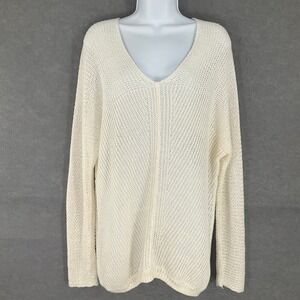 Vince Sweater Womens Sz M 100% Linen‎ Open Knit V Neck Cream Oversized Quiet Lux